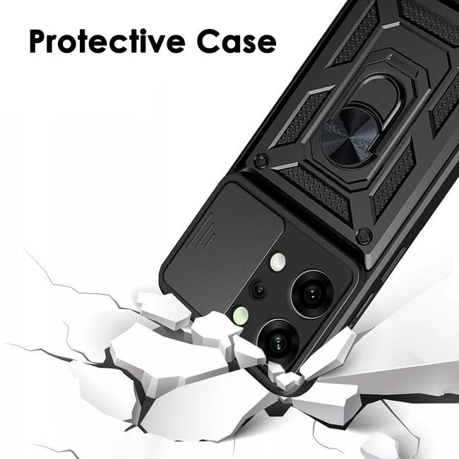 Husa pentru  Oppo Reno 14 Pro 5G Ring Armor Kickstand Tough Rugged Cover cu protectie camera, Negru