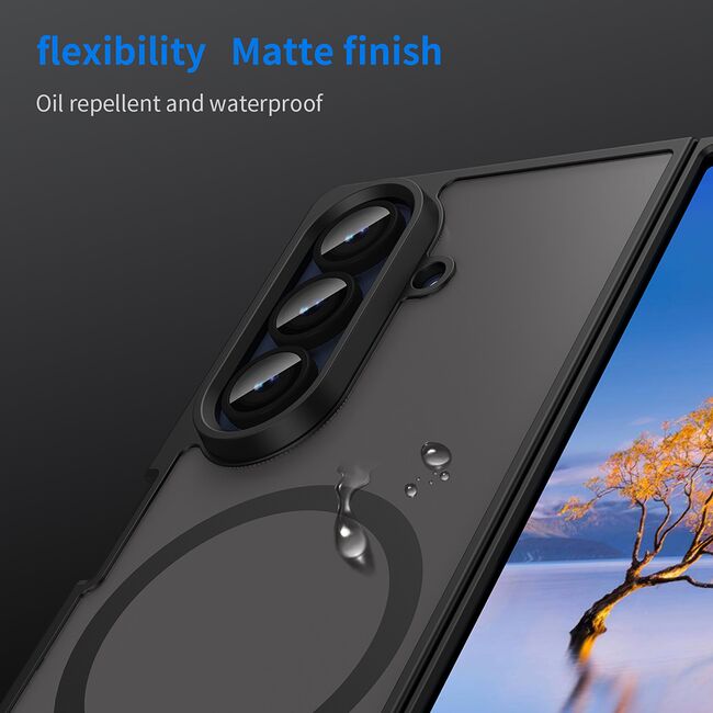 Husa pentru  Samsung Galaxy Z Fold 7 cu protectie pentru lentile si MagSafe EasyCharge, Ghost Series Anti-ingalbenire, frosted - Negru