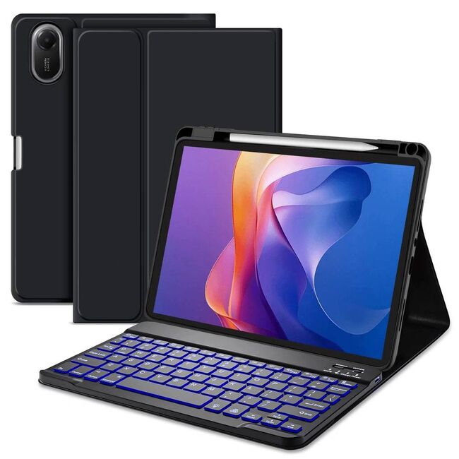 Husa pentru Xiaomi Redmi Pad 2 11 inch 2025 cu tastatura iluminata wireless detasabila RGB 7 lights, Bluetooth, USB Type-C, functie stand si slot stylus, negru