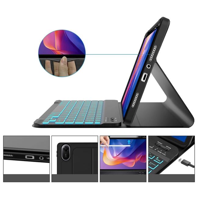 Husa pentru Xiaomi Redmi Pad 2 11 inch 2025 cu tastatura iluminata wireless detasabila RGB 7 lights, Bluetooth, USB Type-C, functie stand si slot stylus, negru