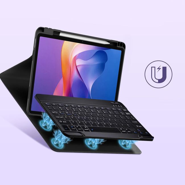 Husa pentru Xiaomi Redmi Pad 2 11 inch 2025 cu tastatura iluminata wireless detasabila RGB 7 lights, Bluetooth, USB Type-C, functie stand si slot stylus, negru