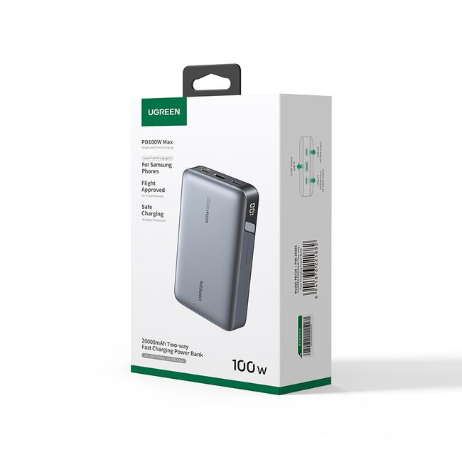 Baterie Externa cu Display Digital, 20000mAh, USB, Type-C, 100W, 5V/3A - Ugreen PB720 (25188) - Black