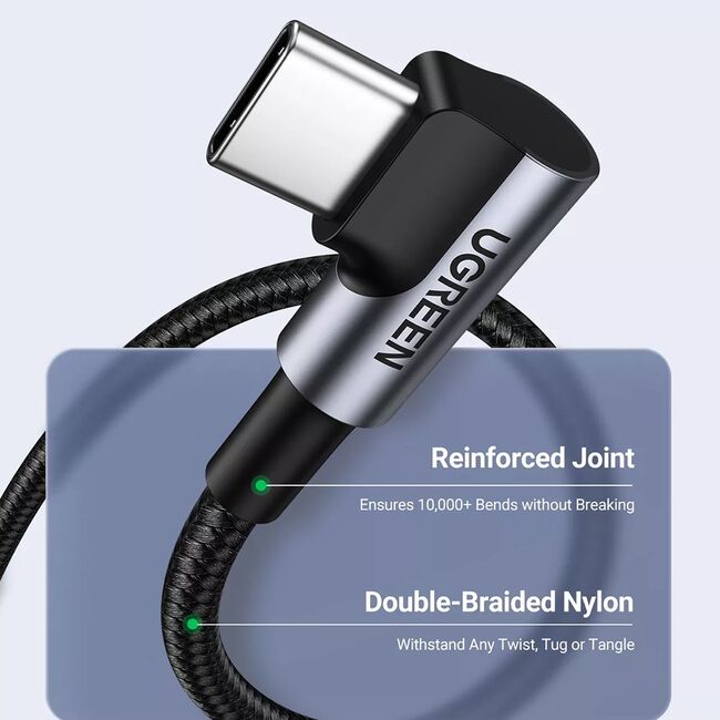 Cablu de date si incarcare USB-C la USB-C 90 Degree Cable, Fast Charging PD 100W, 5A, 480Mb/s, 2m - Ugreen - Space Gray