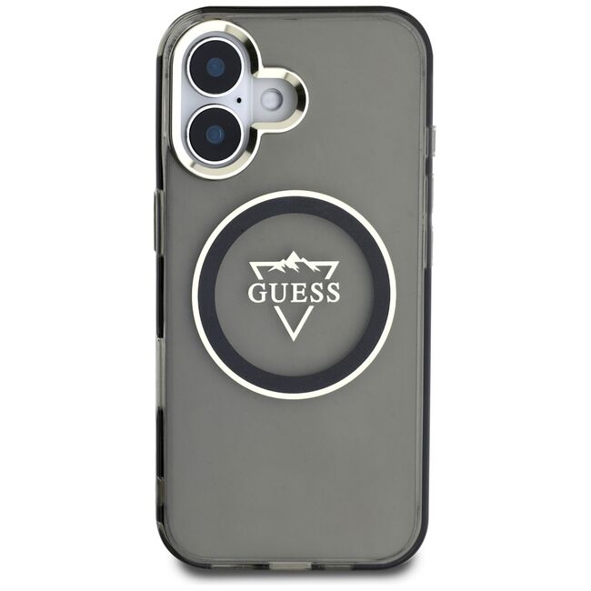 Husa pentru iPhone 16 - Guess IML Metal Mountain Logo MagSafe - Negru