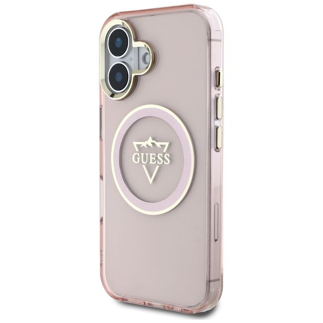 Husa pentru iPhone 16 - Guess IML Metal Mountain Logo MagSafe - Roz