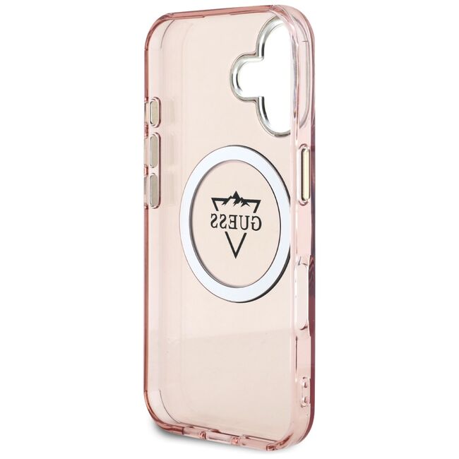 Husa pentru iPhone 16 - Guess IML Metal Mountain Logo MagSafe - Roz