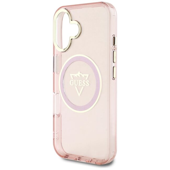 Husa pentru iPhone 16 - Guess IML Metal Mountain Logo MagSafe - Roz