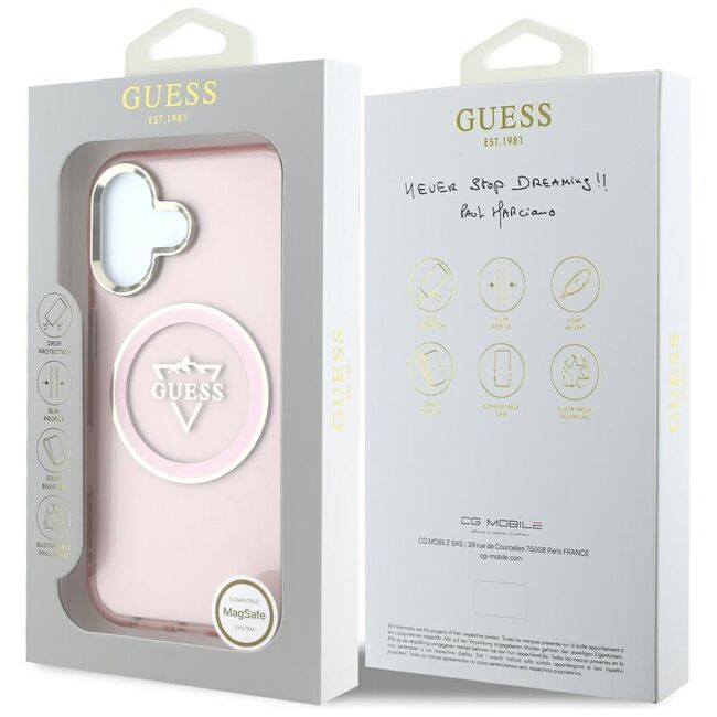 Husa pentru iPhone 16 - Guess IML Metal Mountain Logo MagSafe - Roz