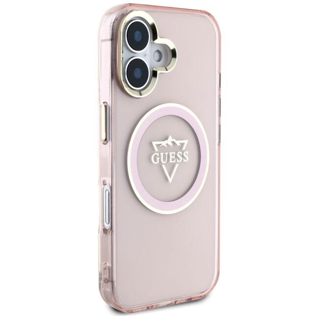 Husa pentru iPhone 16 - Guess IML Metal Mountain Logo MagSafe - Roz