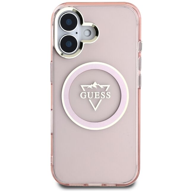 Husa pentru iPhone 16 - Guess IML Metal Mountain Logo MagSafe - Roz