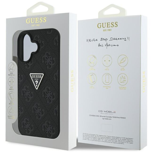 Husa pentru iPhone 16 - Guess Leather Hot Stamp 4G Pattern Triangle Metal Logo - Negru