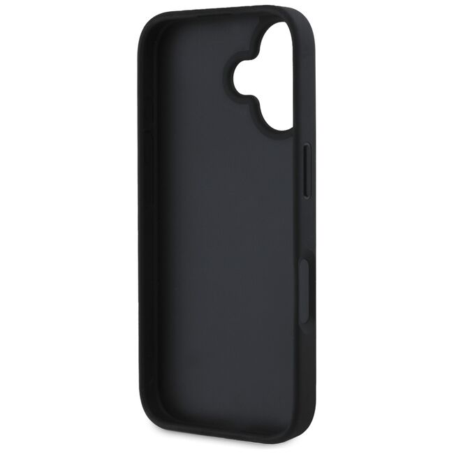 Husa pentru iPhone 16 - Guess Leather Hot Stamp 4G Pattern Triangle Metal Logo - Negru