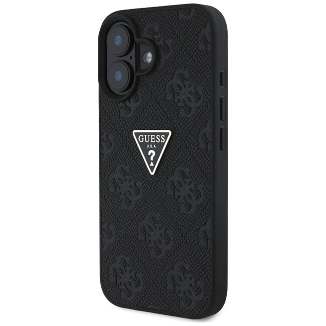 Husa pentru iPhone 16 - Guess Leather Hot Stamp 4G Pattern Triangle Metal Logo - Negru