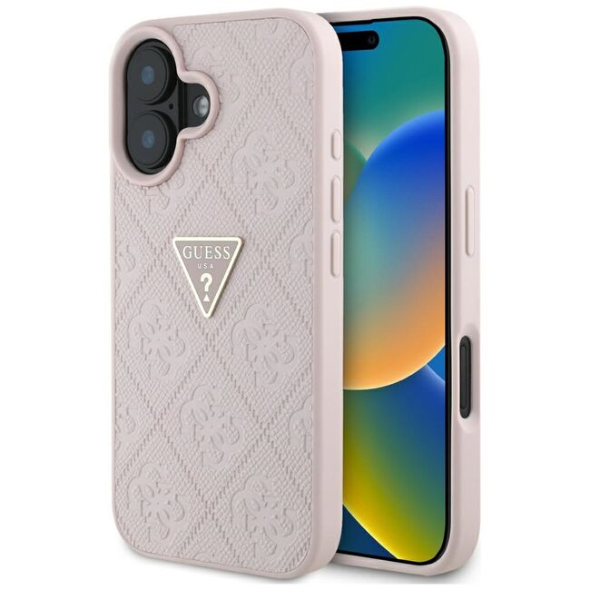 Husa pentru iPhone 16 - Guess Leather Hot Stamp 4G Pattern Triangle Metal Logo - Roz