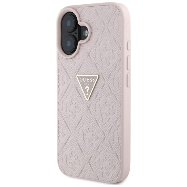 Husa pentru iPhone 16 - Guess Leather Hot Stamp 4G Pattern Triangle Metal Logo - Roz