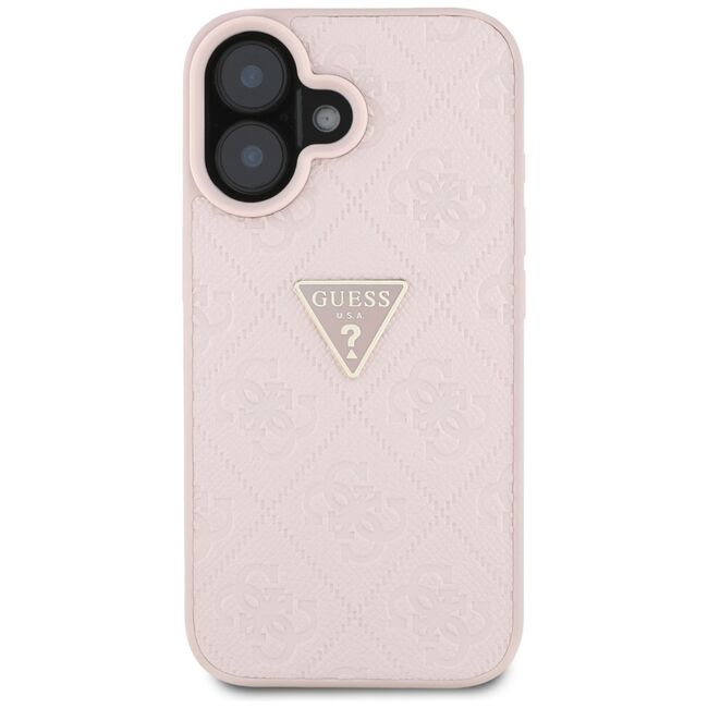 Husa pentru iPhone 16 - Guess Leather Hot Stamp 4G Pattern Triangle Metal Logo - Roz