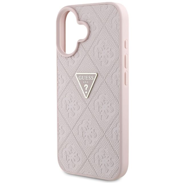 Husa pentru iPhone 16 - Guess Leather Hot Stamp 4G Pattern Triangle Metal Logo - Roz