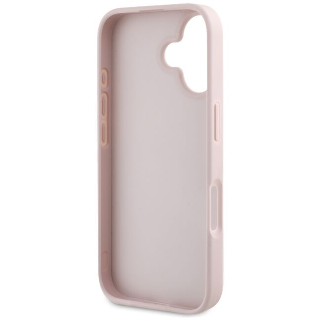 Husa pentru iPhone 16 - Guess Leather Hot Stamp 4G Pattern Triangle Metal Logo - Roz