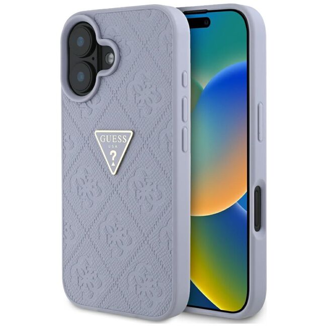 Husa pentru iPhone 16 - Guess Leather Hot Stamp 4G Pattern Triangle Metal Logo - Lavanda