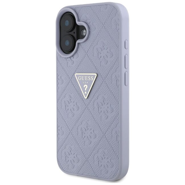 Husa pentru iPhone 16 - Guess Leather Hot Stamp 4G Pattern Triangle Metal Logo - Lavanda