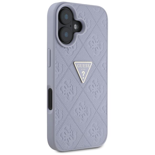 Husa pentru iPhone 16 - Guess Leather Hot Stamp 4G Pattern Triangle Metal Logo - Lavanda