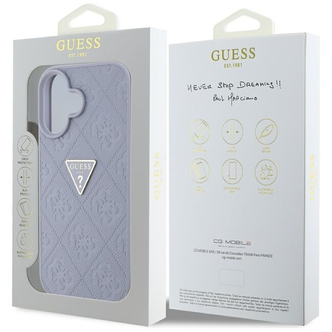 Husa pentru iPhone 16 - Guess Leather Hot Stamp 4G Pattern Triangle Metal Logo - Lavanda