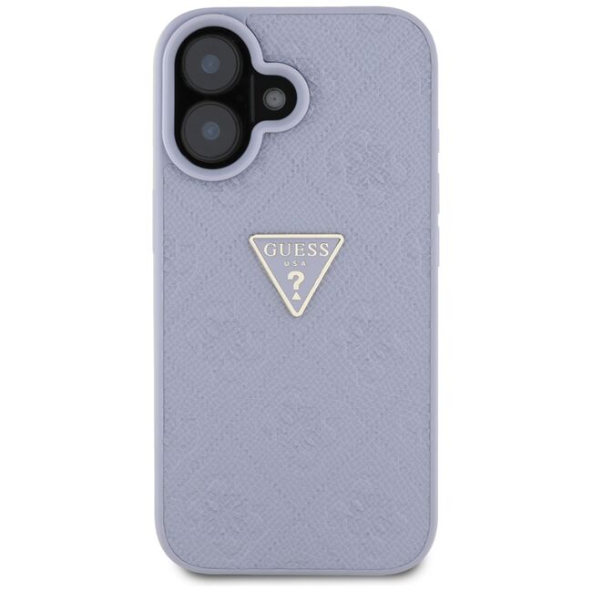 Husa pentru iPhone 16 - Guess Leather Hot Stamp 4G Pattern Triangle Metal Logo - Lavanda