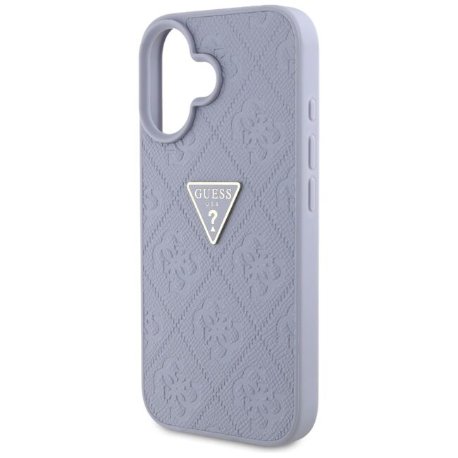 Husa pentru iPhone 16 - Guess Leather Hot Stamp 4G Pattern Triangle Metal Logo - Lavanda