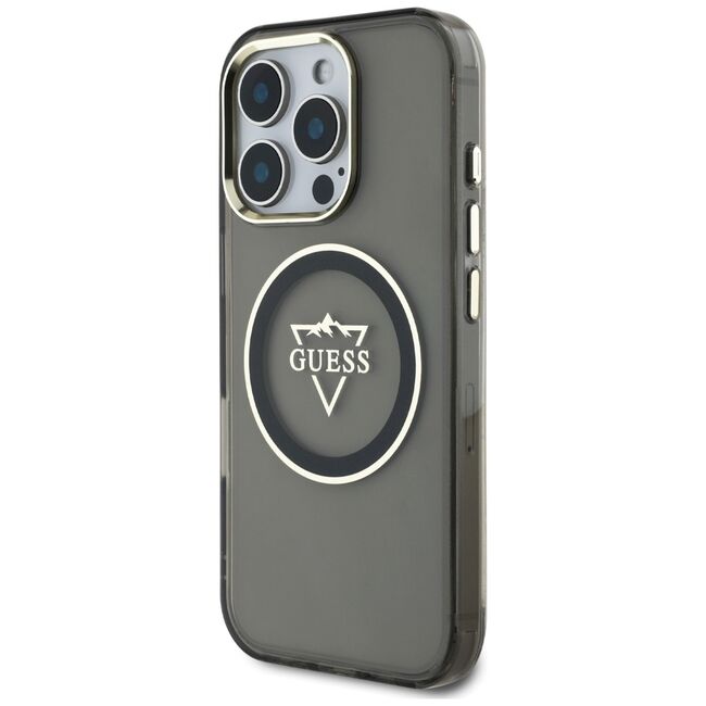 Husa pentru iPhone 16 Pro - Guess IML Metal Mountain Logo MagSafe - Negru