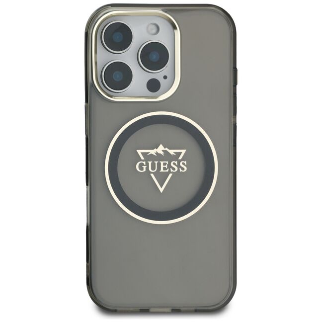 Husa pentru iPhone 16 Pro - Guess IML Metal Mountain Logo MagSafe - Negru