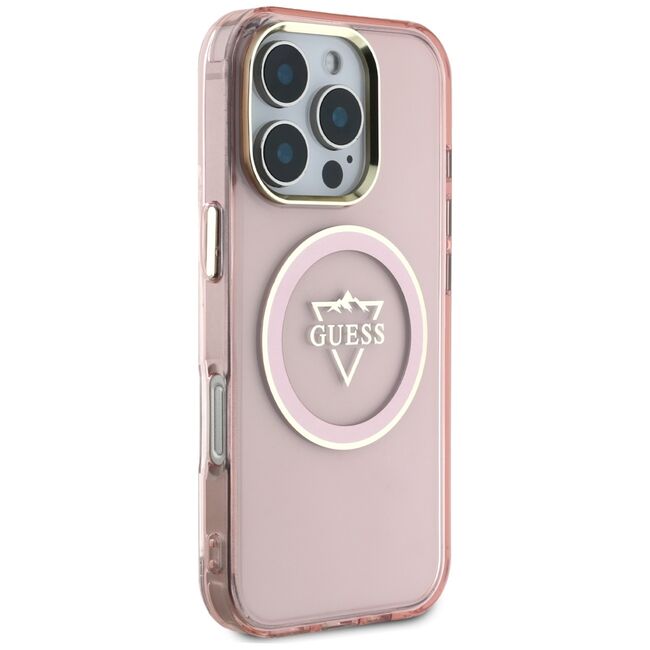 Husa pentru iPhone 16 Pro - Guess IML Metal Mountain Logo MagSafe - Roz