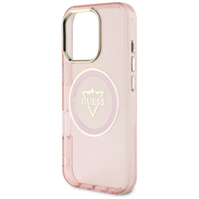 Husa pentru iPhone 16 Pro - Guess IML Metal Mountain Logo MagSafe - Roz