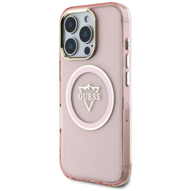 Husa pentru iPhone 16 Pro - Guess IML Metal Mountain Logo MagSafe - Roz