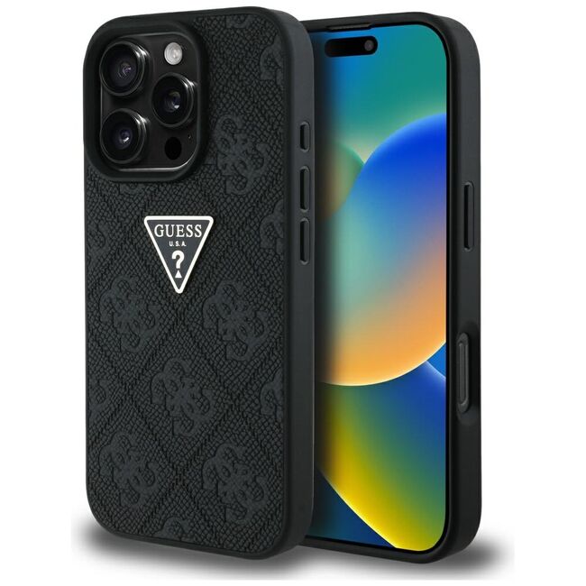 Husa pentru iPhone 16 Pro - Guess Leather Hot Stamp 4G Pattern Triangle Metal Logo - Negru