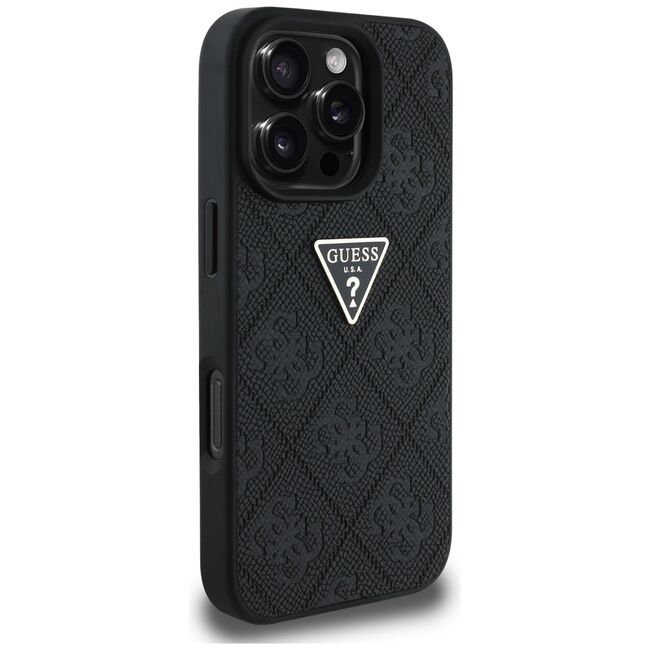 Husa pentru iPhone 16 Pro - Guess Leather Hot Stamp 4G Pattern Triangle Metal Logo - Negru