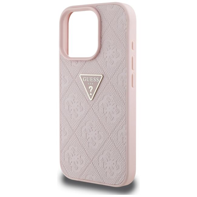 Husa pentru iPhone 16 Pro - Guess Leather Hot Stamp 4G Pattern Triangle Metal Logo - Roz