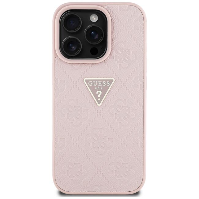 Husa pentru iPhone 16 Pro - Guess Leather Hot Stamp 4G Pattern Triangle Metal Logo - Roz