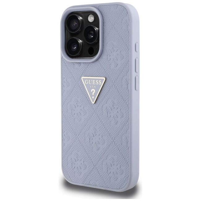 Husa pentru iPhone 16 Pro - Guess Leather Hot Stamp 4G Pattern Triangle Metal Logo - Lavanda