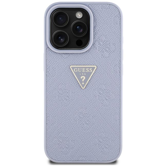 Husa pentru iPhone 16 Pro - Guess Leather Hot Stamp 4G Pattern Triangle Metal Logo - Lavanda