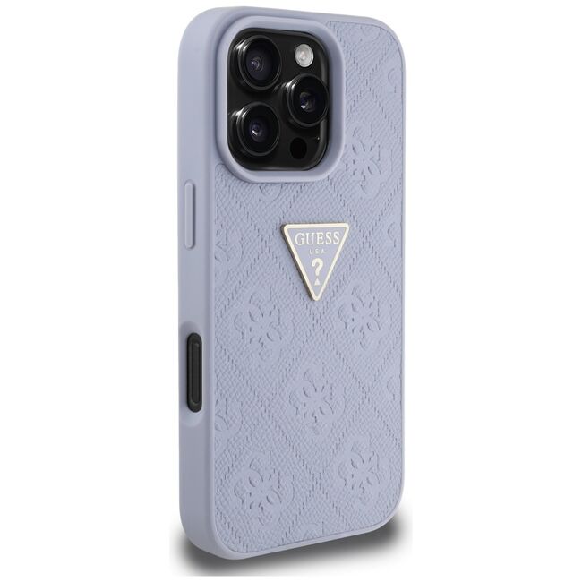 Husa pentru iPhone 16 Pro - Guess Leather Hot Stamp 4G Pattern Triangle Metal Logo - Lavanda