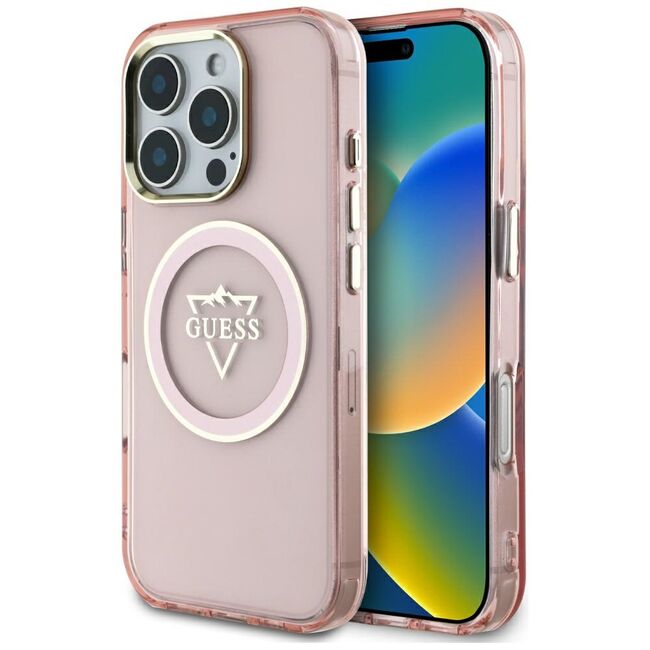 Husa pentru iPhone 16 Pro Max - Guess IML Metal Mountain Logo MagSafe - Roz