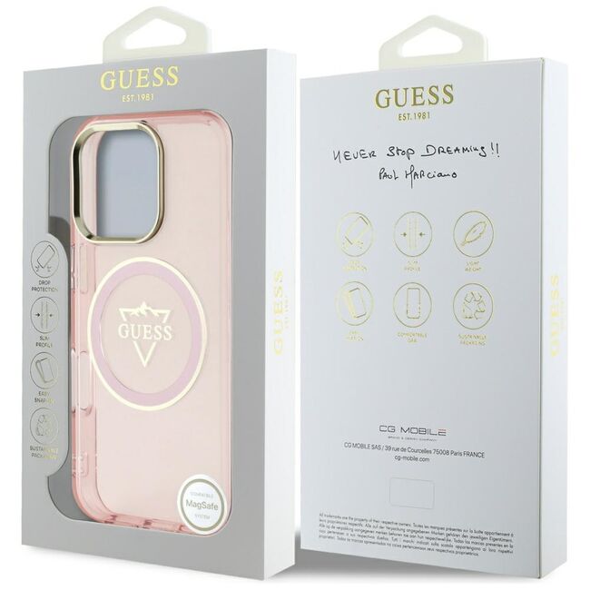Husa pentru iPhone 16 Pro Max - Guess IML Metal Mountain Logo MagSafe - Roz