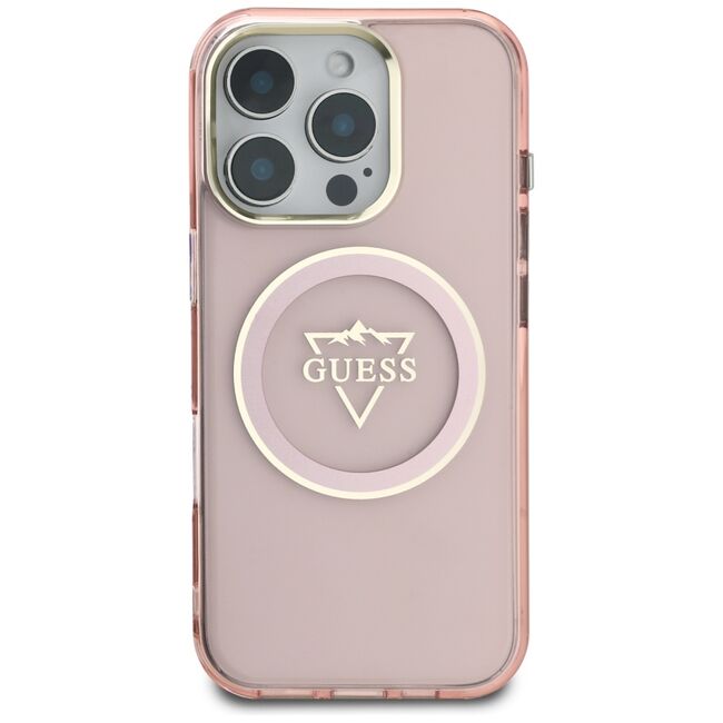 Husa pentru iPhone 16 Pro Max - Guess IML Metal Mountain Logo MagSafe - Roz