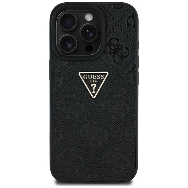 Husa pentru iPhone 16 Pro Max - Guess Leather Hot Stamp 4G Pattern Triangle Metal Logo - Negru