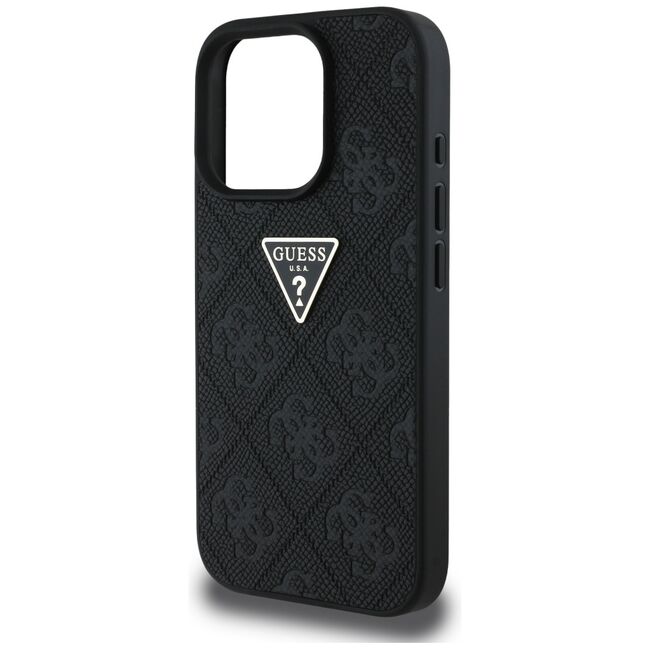 Husa pentru iPhone 16 Pro Max - Guess Leather Hot Stamp 4G Pattern Triangle Metal Logo - Negru
