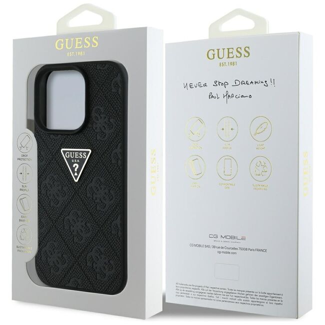Husa pentru iPhone 16 Pro Max - Guess Leather Hot Stamp 4G Pattern Triangle Metal Logo - Negru