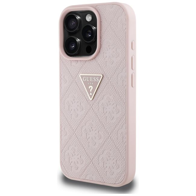 Husa pentru iPhone 16 Pro Max - Guess Leather Hot Stamp 4G Pattern Triangle Metal Logo - Roz