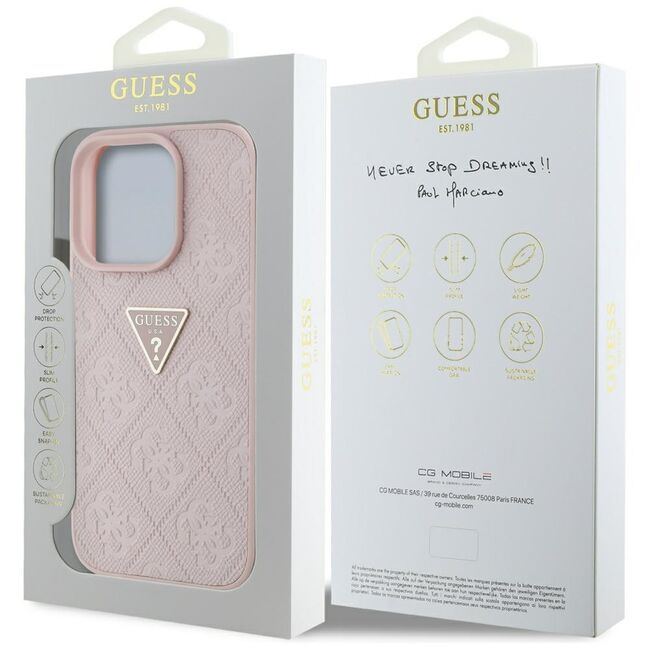 Husa pentru iPhone 16 Pro Max - Guess Leather Hot Stamp 4G Pattern Triangle Metal Logo - Roz
