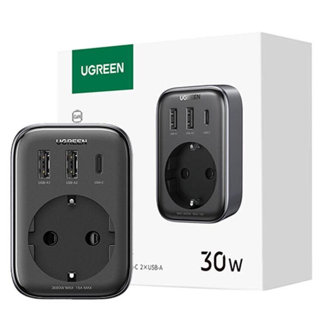 Incarcator pentru Priza 2x USB, USB-C, AC, 3680W, 13A, PD30W, 3A, QC4+ - Ugreen CD268 (CD314) - Black
