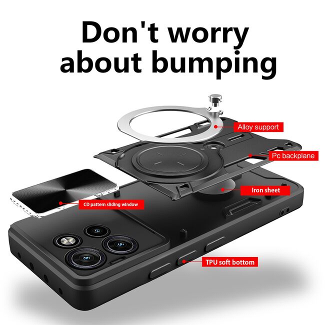 Husa pentru  Motorola Moto G86 cu protecție pentru cameră și suport magnetic integrat Ring Shockproof, Negru